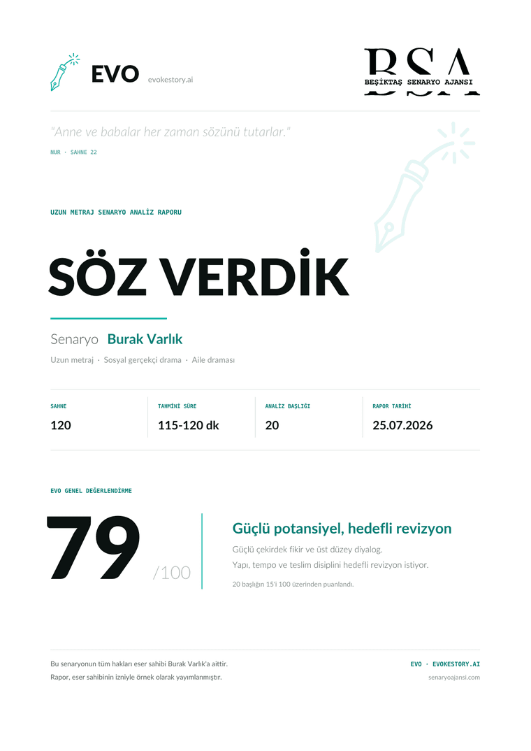 Söz Verdik senaryosu için hazırlanmış EVO analiz raporu kapağı